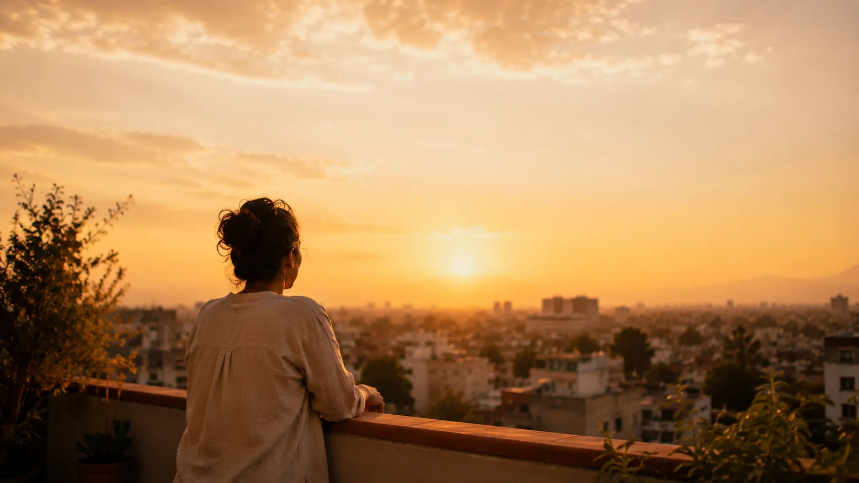 Persona en una azotea de Ciudad de México mirando el amanecer, sin celular