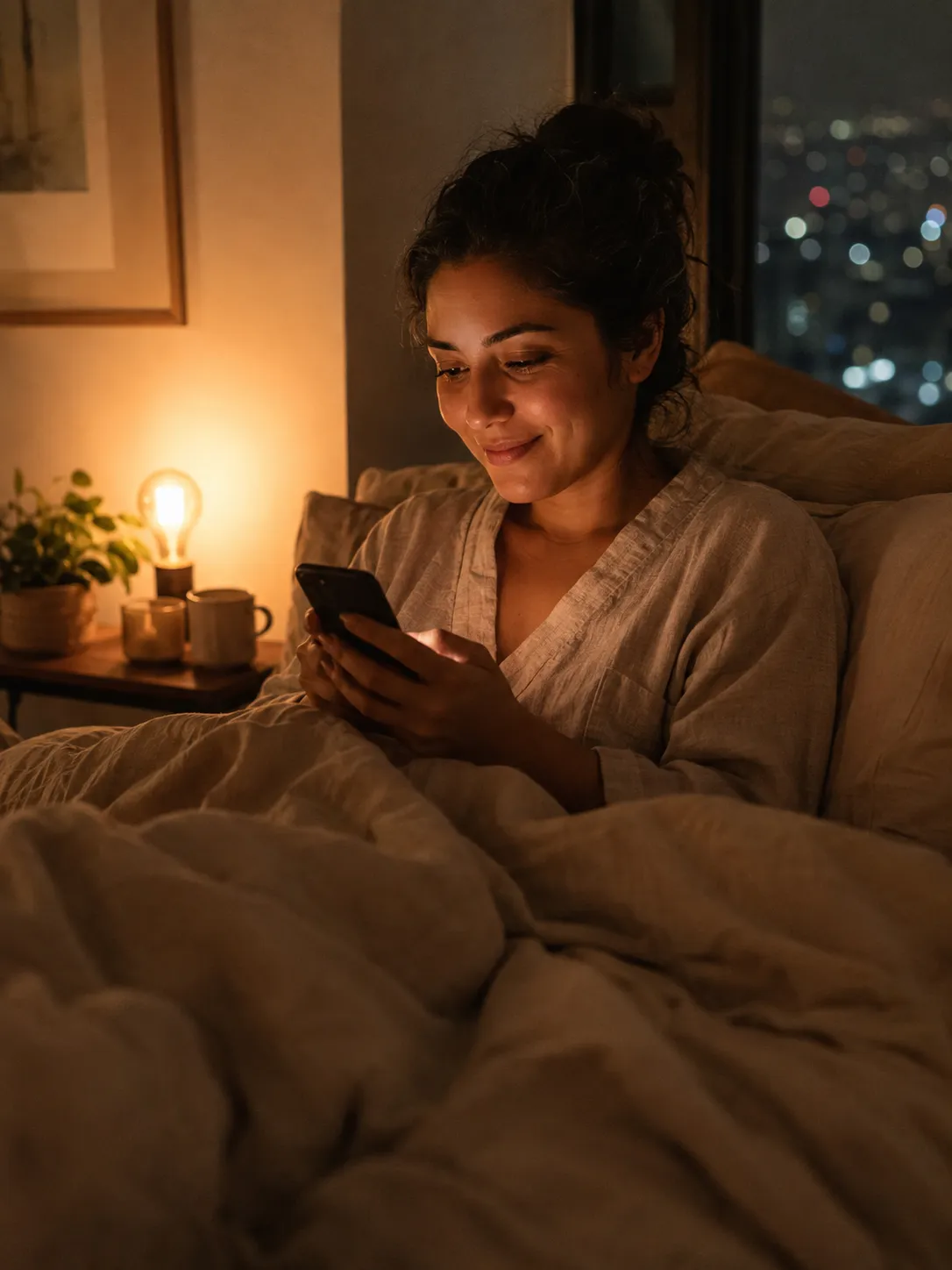 Mujer escribiendo en su celular a las 2:47 de la mañana, con expresión de alivio