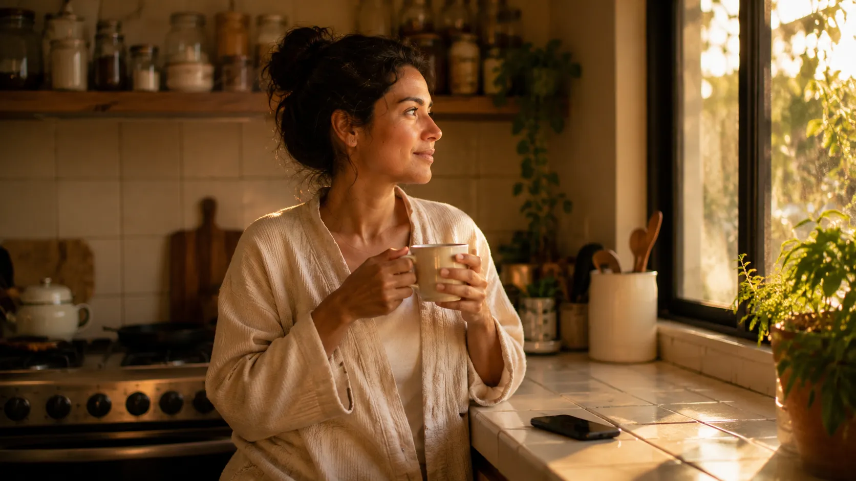Mujer tomando café en su cocina al amanecer, con el celular boca abajo en la barra