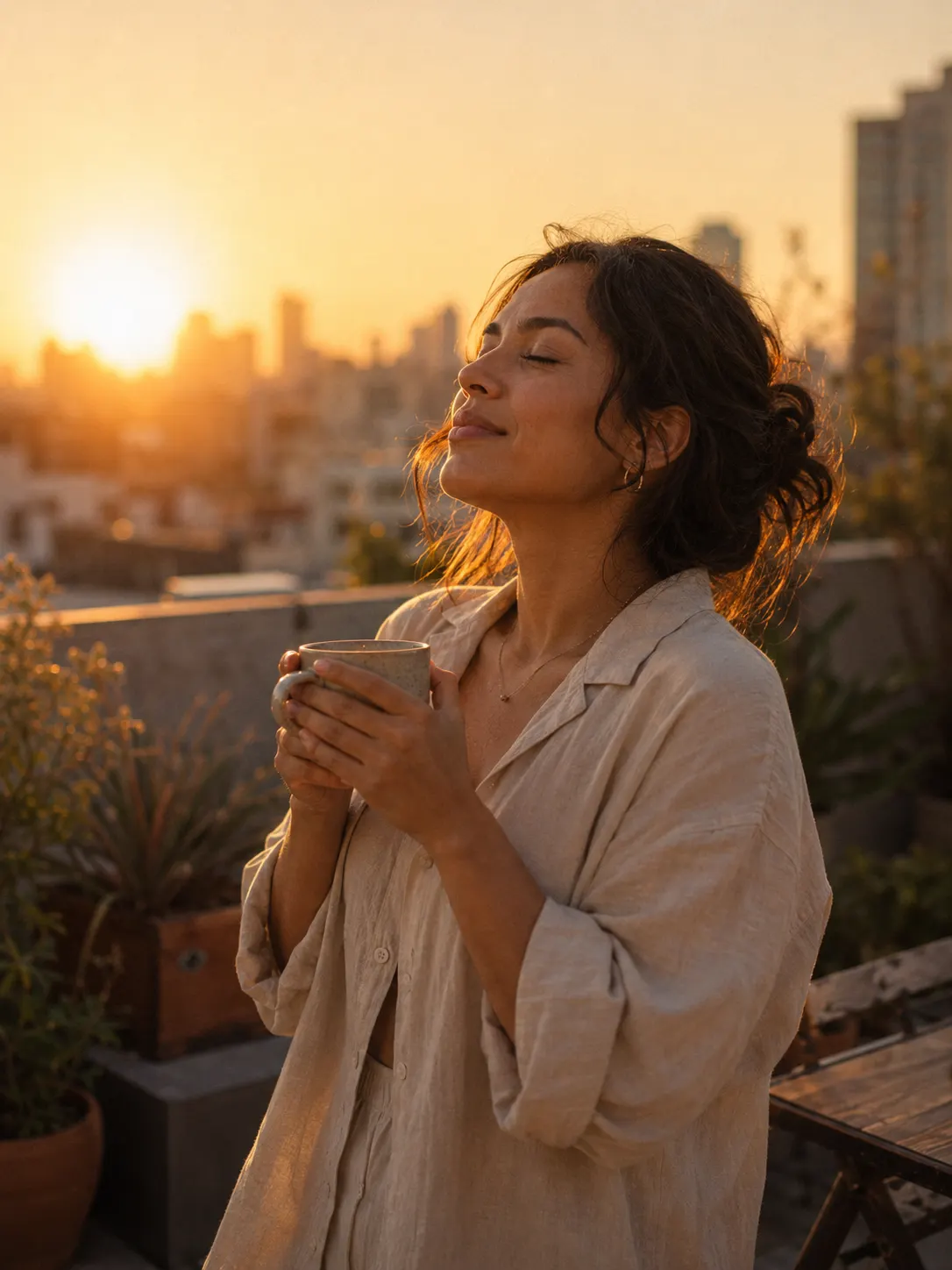 Woman on a rooftop at sunset holding a mug, eyes closed, at peace