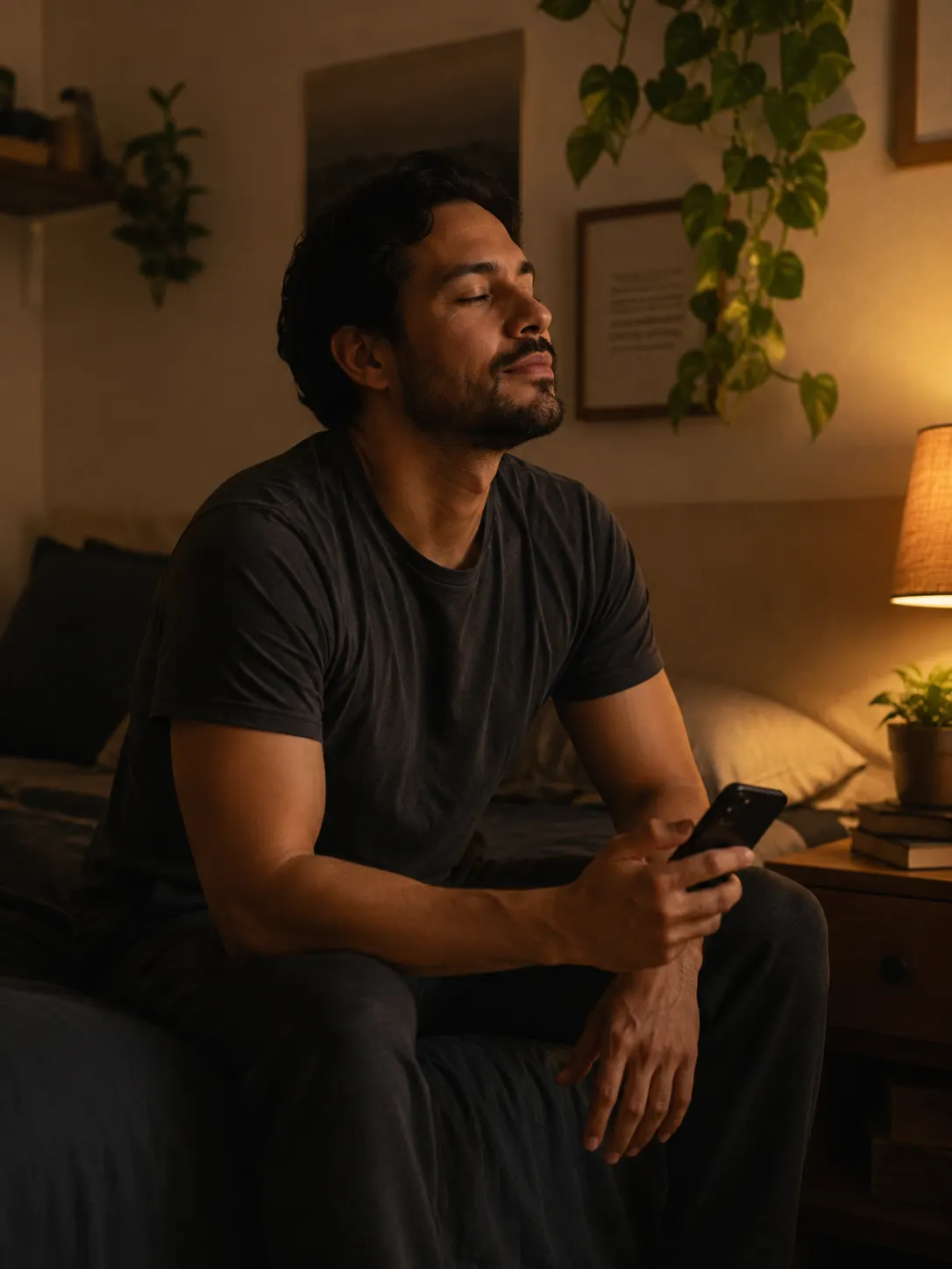 Man sitting on the edge of his bed at night, exhaling with relief after writing