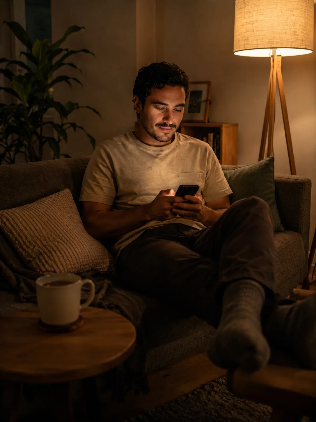 Hombre escribiendo tranquilo en su celular, de noche en su sala